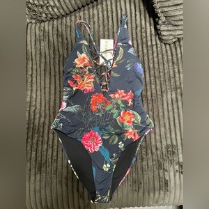 TiniBikini Plunging Neckline Black One Piece Open Back Swimsuit floral Large